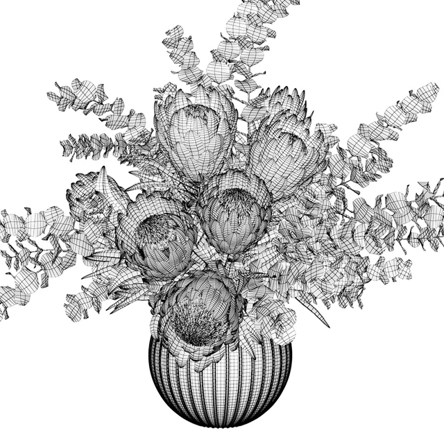Bouquet with pink proteas and eucalyptus in a ribbed glass vase — Descargar