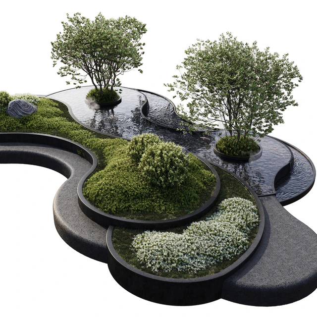 Landscaping Figure with Plants Waterfalls and Fish — Скачать
