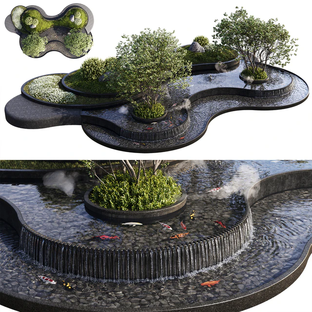 Landscaping Figure with Plants Waterfalls and Fish — Скачать
