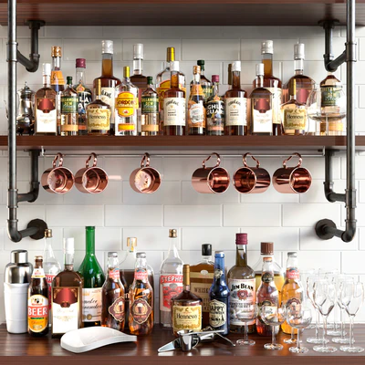 A collection of alcoholic drinks with a copper accent. Alcohol 15 — Ver 1