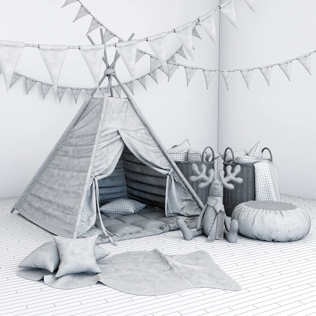 Wigwam with a mattress, pillows, fur skins, baskets, flags and deer — Descargar