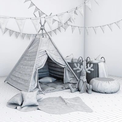 Wigwam with a mattress, pillows, fur skins, baskets, flags and deer — Ver 2