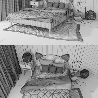 Bed and wooden panel. Kitten.LASKA Family — Ver 2