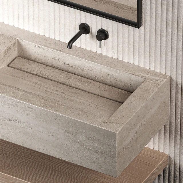 Bathroom furniture set 10. Stone sink. Striped ribbed stone wall. — Descargar