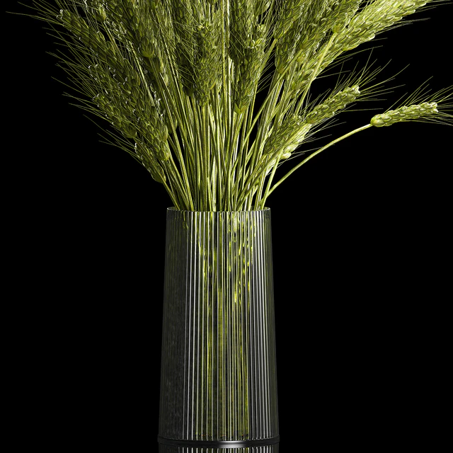 Bouquet of green flowers in a glass vase for decoration of wheat branches, spikelet. 265. — Descargar