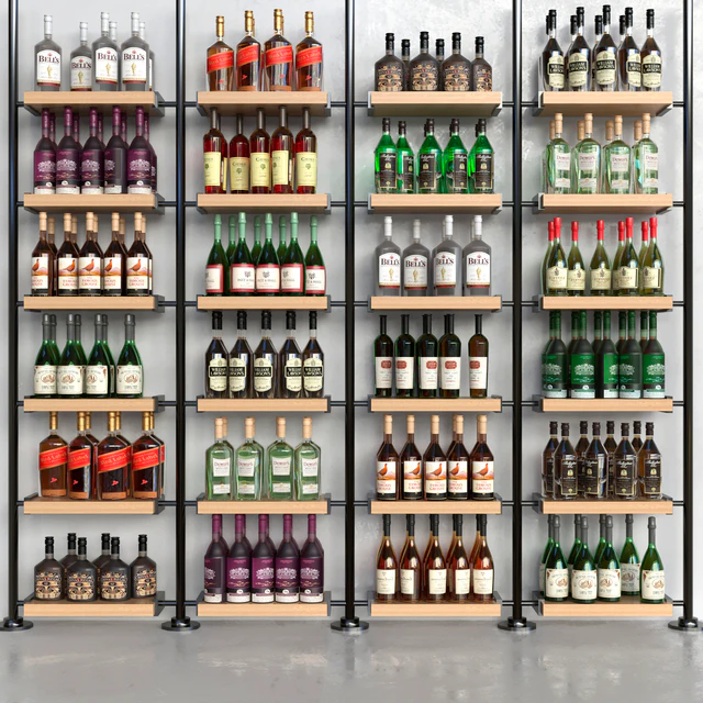 A rack with collection alcohol in a supermarket. Alcohol — Descargar