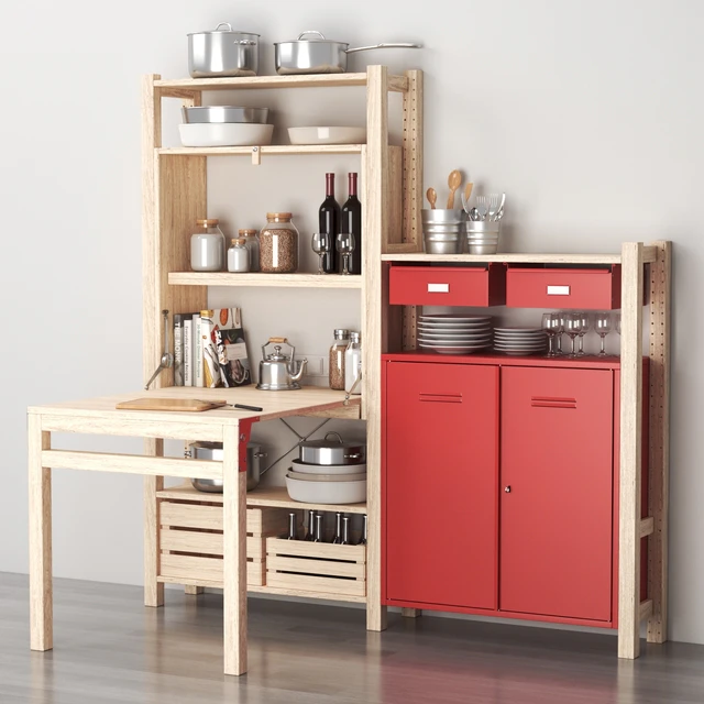 Ikea IVAR Shelving with table / cabinets / drawers and kitchen decor set — Скачать