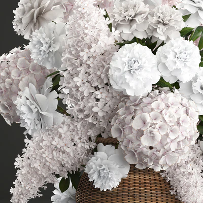 Bouquet of white flowers 82. Flowers, hydrangea, basket, peonies, lilac, eco design, natural decor, table decoration — Ver 2
