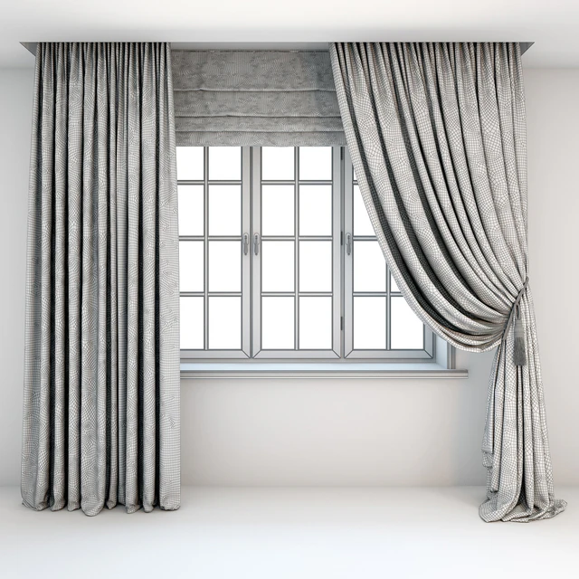 Two-color curtains the floor is straight and with a pick-up brush, Roman curtains and a window — Descargar