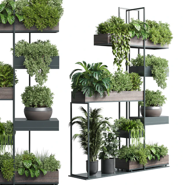 Standing metal shelf with a set of plants in wooden and metal boxes 267 — Descargar