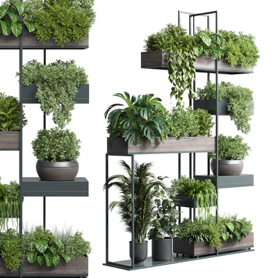 Standing metal shelf with a set of plants in wooden and metal boxes 267 — Ver 1