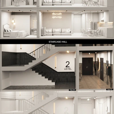 Facade with 20 residential and public low-poly interiors — Ver 2