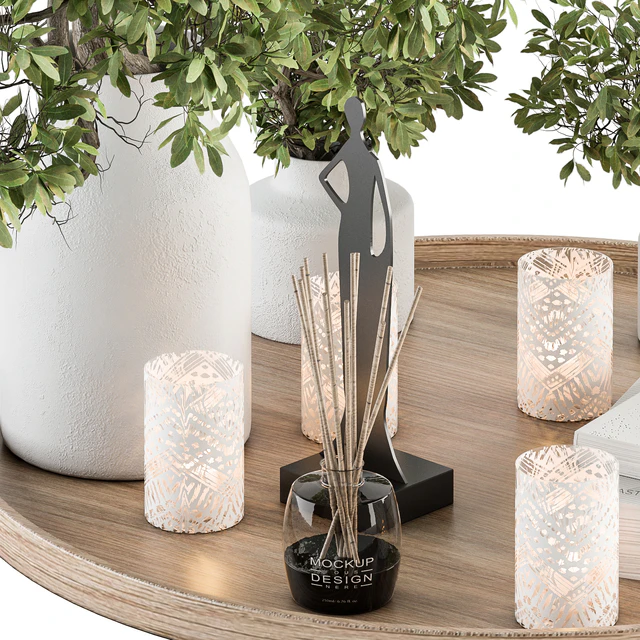 Wood and Green Decorative Set with Bouquet in Tray - Set 112 — Скачать