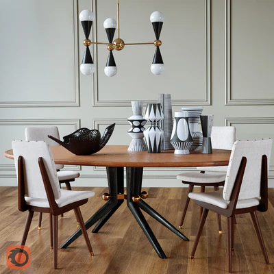 Trocadero wood dining table, Camille dinning chair, Caracas Six-light chandelier, Vases, Flying bird — Скачать
