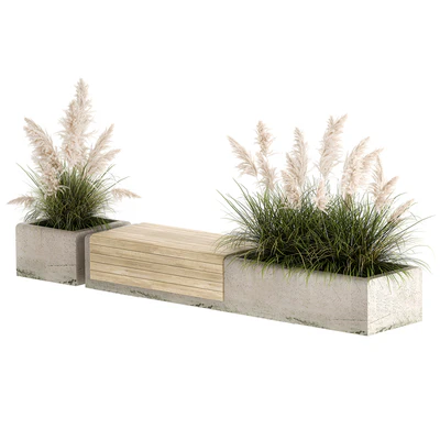 Bench flowerbed for the urban environment in a concrete flowerpot with bushes of reeds and pampas grass, Cortaderia. 1144. — Ver 2