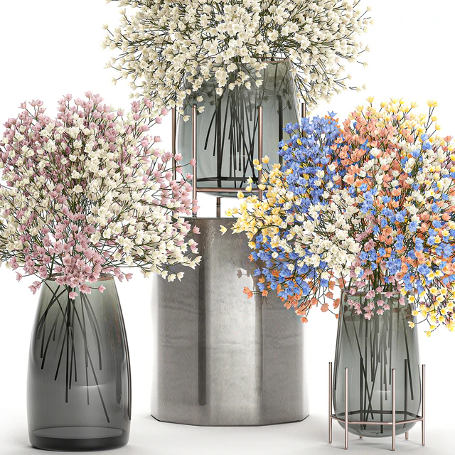 A collection of beautiful lush little white and pink bouquets in glass vases with Gypsophila, Gibsolyubka, Kachim. Set 107. — Descargar