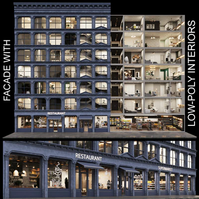Facade with 20 residential and public low-poly interiors — скачать