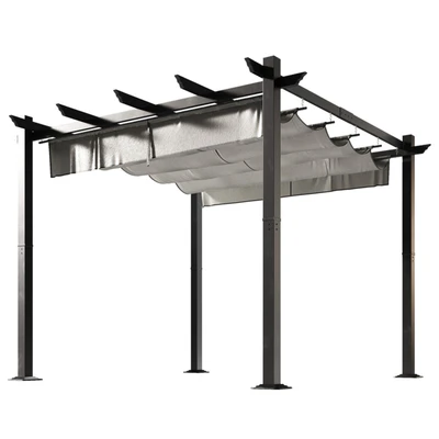 Metal pergola. Gazebo with a sliding fabric canopy. — download