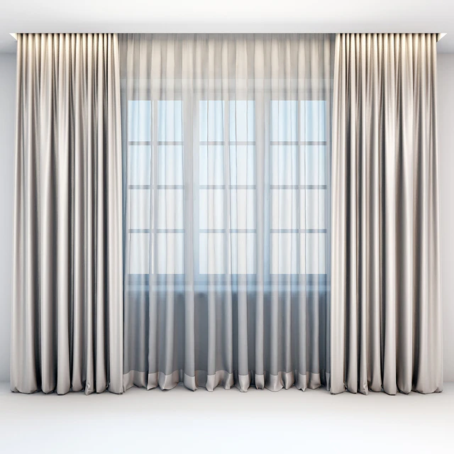 Satin straight beige curtains in the floor and tulle in a modern style — Descargar