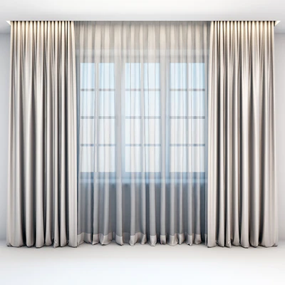Satin straight beige curtains in the floor and tulle in a modern style — Ver 1
