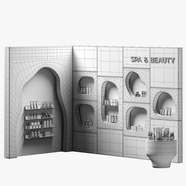 Modular Niche Shelves in the wall. Cosmetics shop. Backlit wavy beauty salon. — Скачать