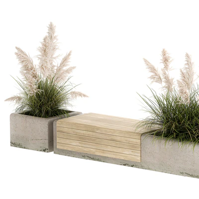 Bench flowerbed for the urban environment in a concrete flowerpot with bushes of reeds and pampas grass, Cortaderia. 1144. — Ver 3