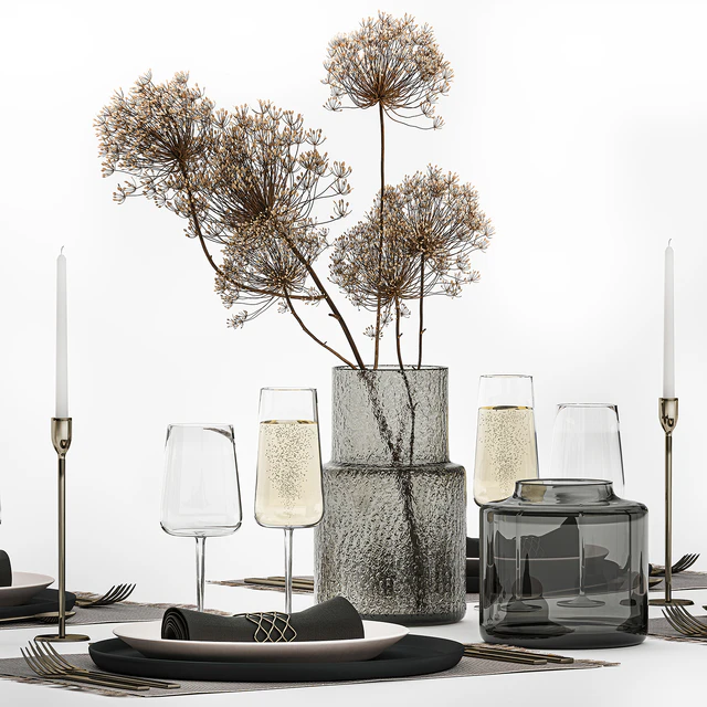 Table service 24. Dried flower, bouquet, hogweed, branches, cutlery, glass, sparkling wine, luxury decor, eco design, vase — Descargar