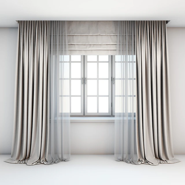 Light beige curtains in the floor with tulle decoration, Roman curtains and a window with layouts. — Download