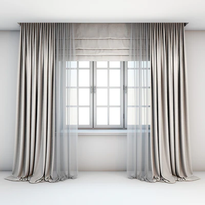 Light beige curtains in the floor with tulle decoration, Roman curtains and a window with layouts. — View 1