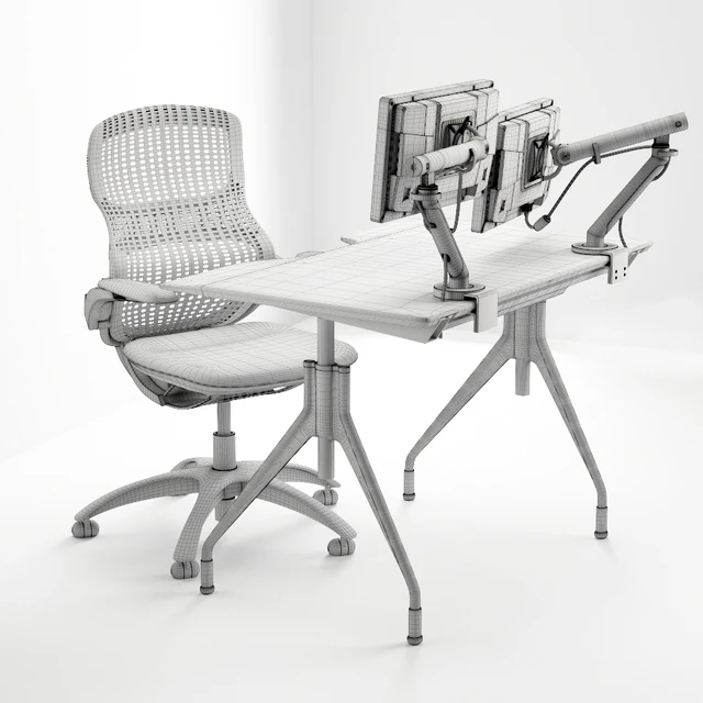 Рабочий стол со стулом Knoll, мониторы. — Скачать