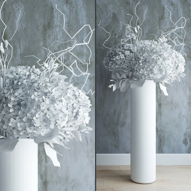 White hydrandeas in tall vase with willow branches — Скачать