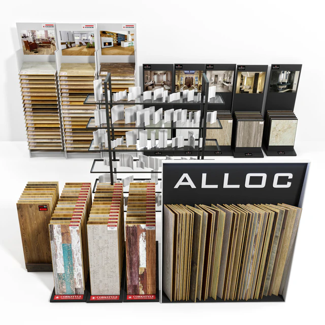Exhibition stands with samples of laminate, porcelain tile, stucco molding — Descargar