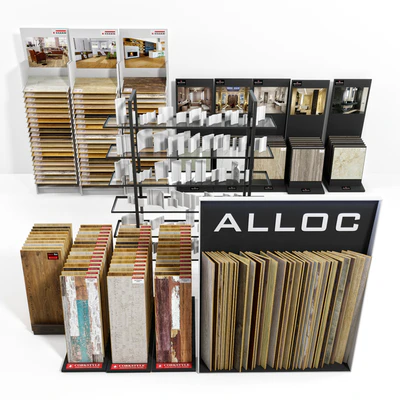 Exhibition stands with samples of laminate, porcelain tile, stucco molding — download