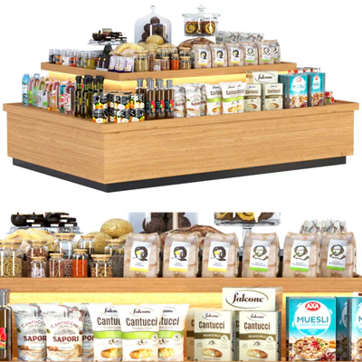 Display stand in a supermarket with products. Juices and cereals — download
