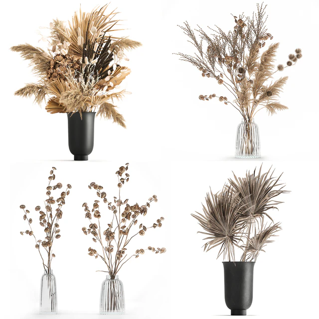 A set of flower bouquets in vases of dried flowers, palm branch, pampas grass, reed grass, hydrangea, thorns. 283 — Descargar