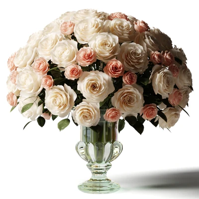Bouquet of white and pink roses in a glass classic vase — Ver 1