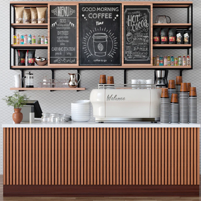 Design project of a cafe in ethnic style with a coffee machine and accessories on the shelves — Descargar