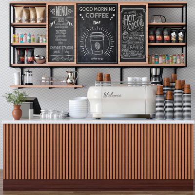 Design project of a cafe in ethnic style with a coffee machine and accessories on the shelves — Ver 1