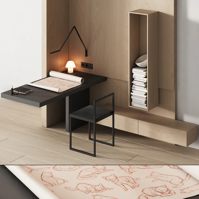 243 office furniture 08 workplace 04 minimal angle zone with cat drawing 01 — Descargar