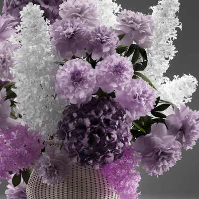 A bouquet of flowers 86. Flowers, white basket, spring flowers, rattan, hydrangea, eco design, nature decor, table decoration — Ver 2