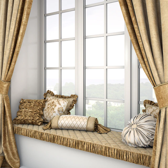 Soft quilted sill with cushions and curtains — Descargar