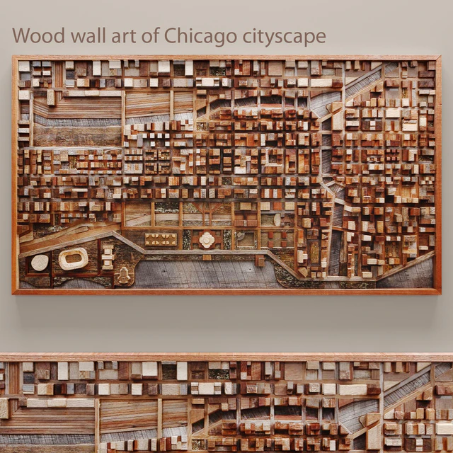 Wood wall art of Chicago cityscape, wall decor, plank panels, wooden decor, boards, wooden wall, panel, slats, city, picture, frame, panel — Download