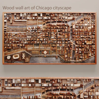 Wood wall art of Chicago cityscape, wall decor, plank panels, wooden decor, boards, wooden wall, panel, slats, city, picture, frame, panel — View 1