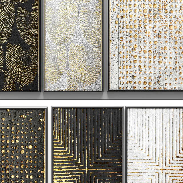 A collection of paintings. Gold. 3. wall decor, a set of paintings, luxury, panels, gold, white, black, set, decorative, abstraction, pattern — Descargar