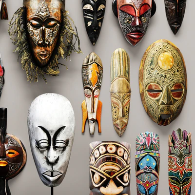 collection of masks and statuettes. 20 pieces, set, collection, mask, masks, eco design, African style, figurine, wall decor, wooden, ethnic — View 2