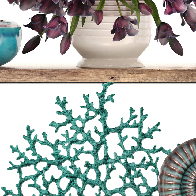Decorative set. 7th. Shelf, decor, coral, tulips, shelf with flowers, horn — Descargar