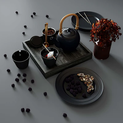 BLACK FLUTED set - thermal teapot, plates and cups — Ver 2