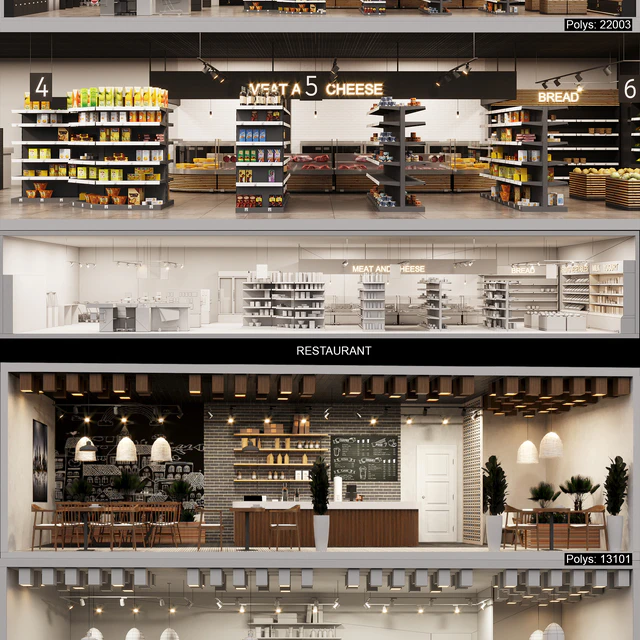 Фасад c 20 low-poly интерьерами — Скачать