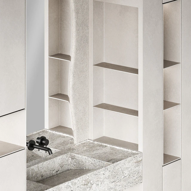 Bathroom furniture set 8. Monochrome grey. Curved mirror shape. Stone sink. Wall-mounted faucet. — Descargar