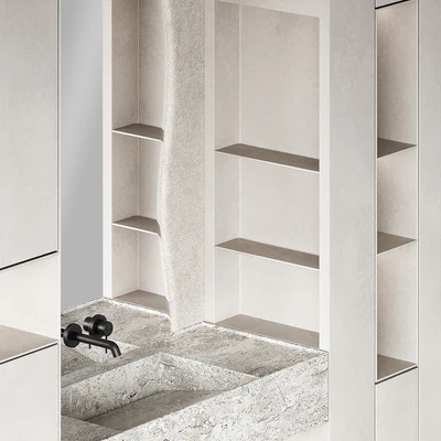 Bathroom furniture set 8. Monochrome grey. Curved mirror shape. Stone sink. Wall-mounted faucet. — Ver 2
